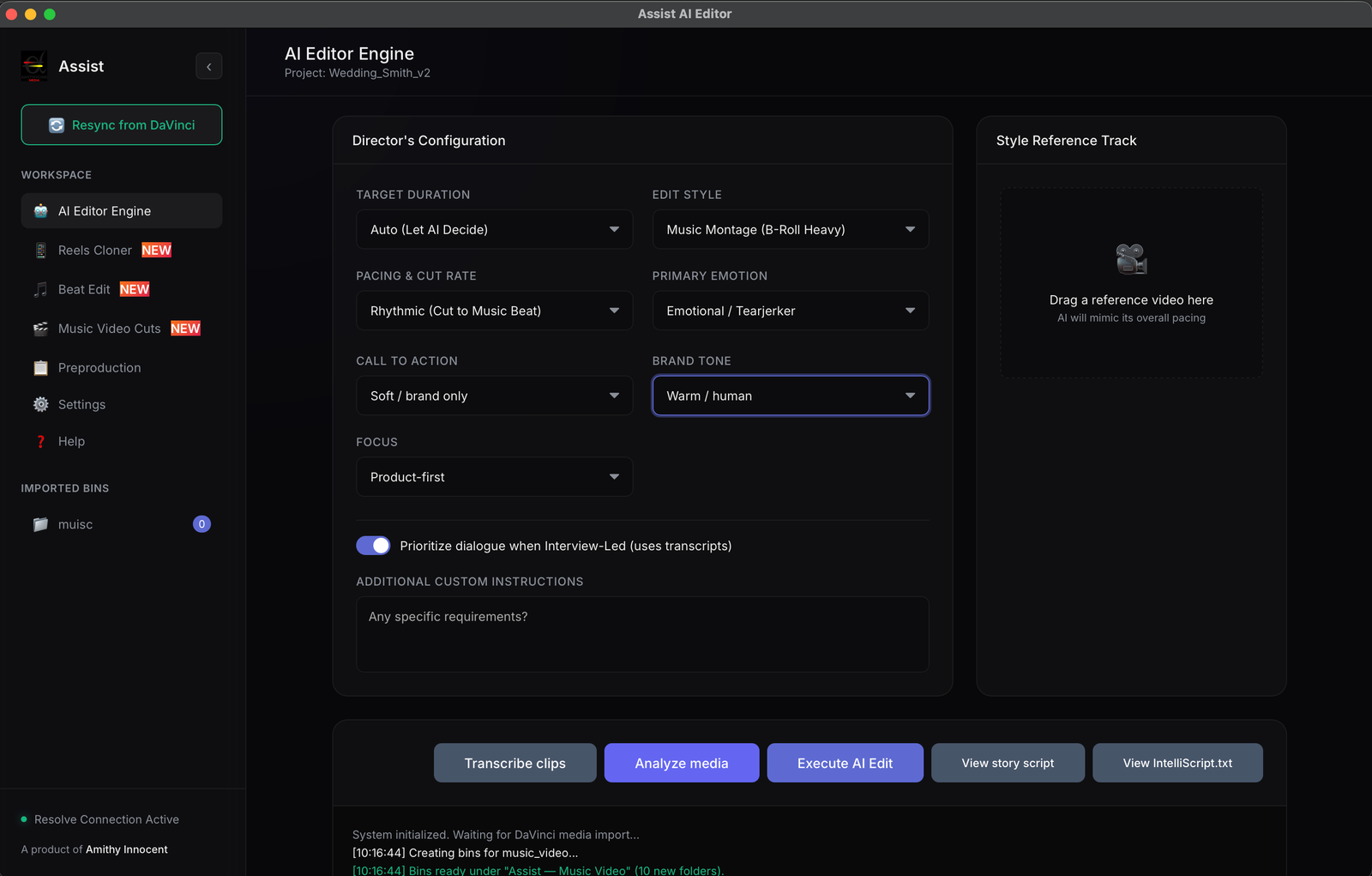 Assist editor interface in DaVinci Resolve